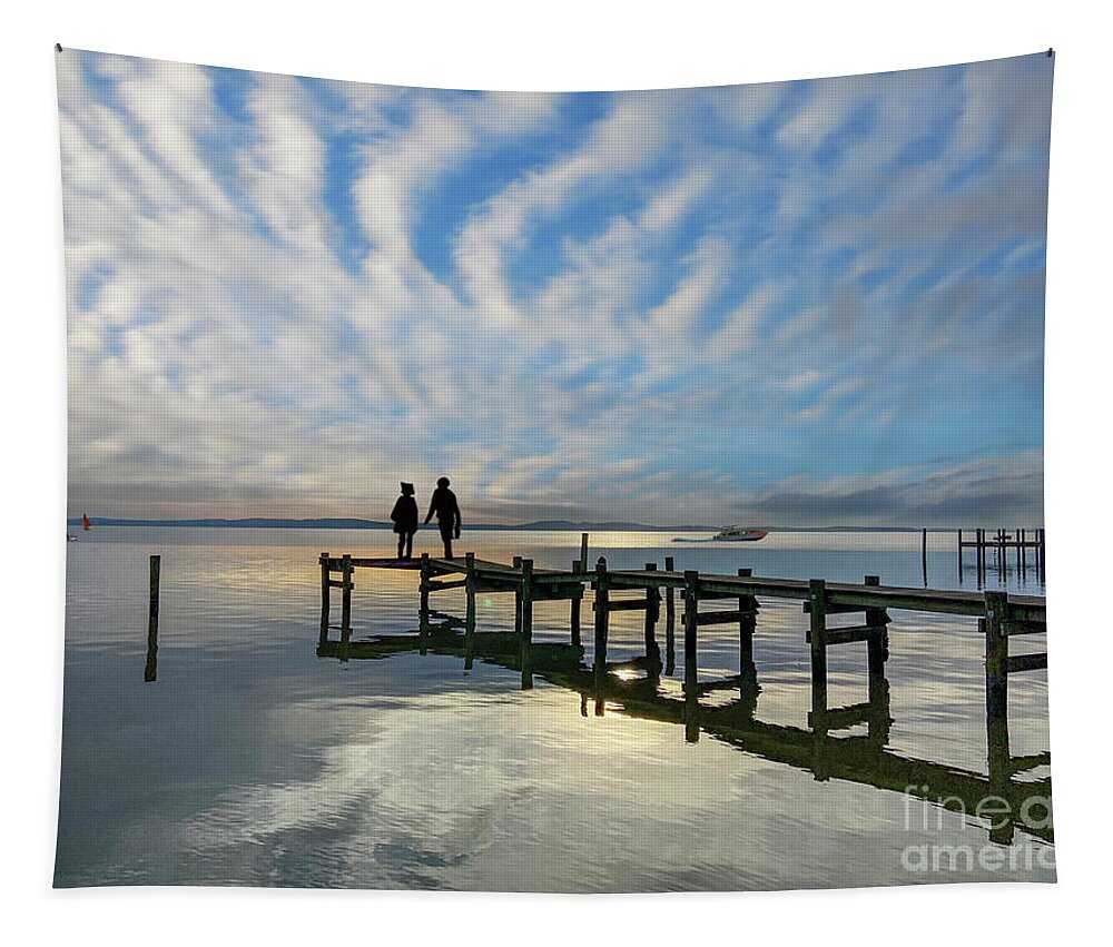 Heavenly Perception And Earthly. Wooden Pier Over Water A Surrealistic Adventure Tapestry featuring the photograph Heavenly Perception by David Zanzinger