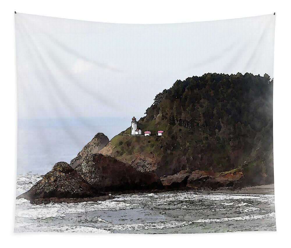 Heceda-head Tapestry featuring the digital art Heceda Head Lighthouse Sketched by Kirt Tisdale