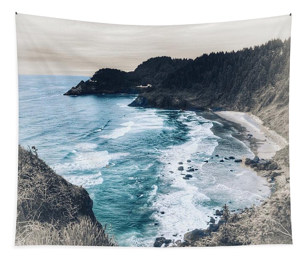 Heceta Head Tapestry featuring the mixed media Heceta Head Overlook by Bonnie Bruno