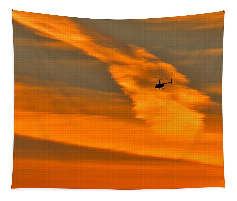 Helicopter Tapestry featuring the photograph Helicopter Approaching at Sunset by Linda Stern
