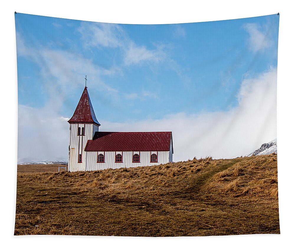 Iceland Tapestry featuring the photograph Hellnar church in Snaefellsnes peninsula of Western Iceland. by Michalakis Ppalis