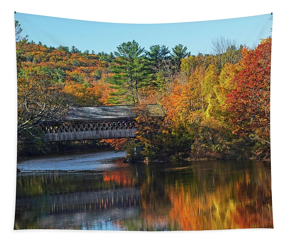Henniker Tapestry featuring the photograph Henniker Covered Bridge in Fall Foliage Contoocook River Henniker NH by Toby McGuire