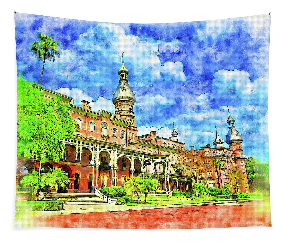 Henry B. Plant Museum Tapestry featuring the digital art Henry B. Plant Museum in Tampa, Florida - pen and watercolor by Nicko Prints