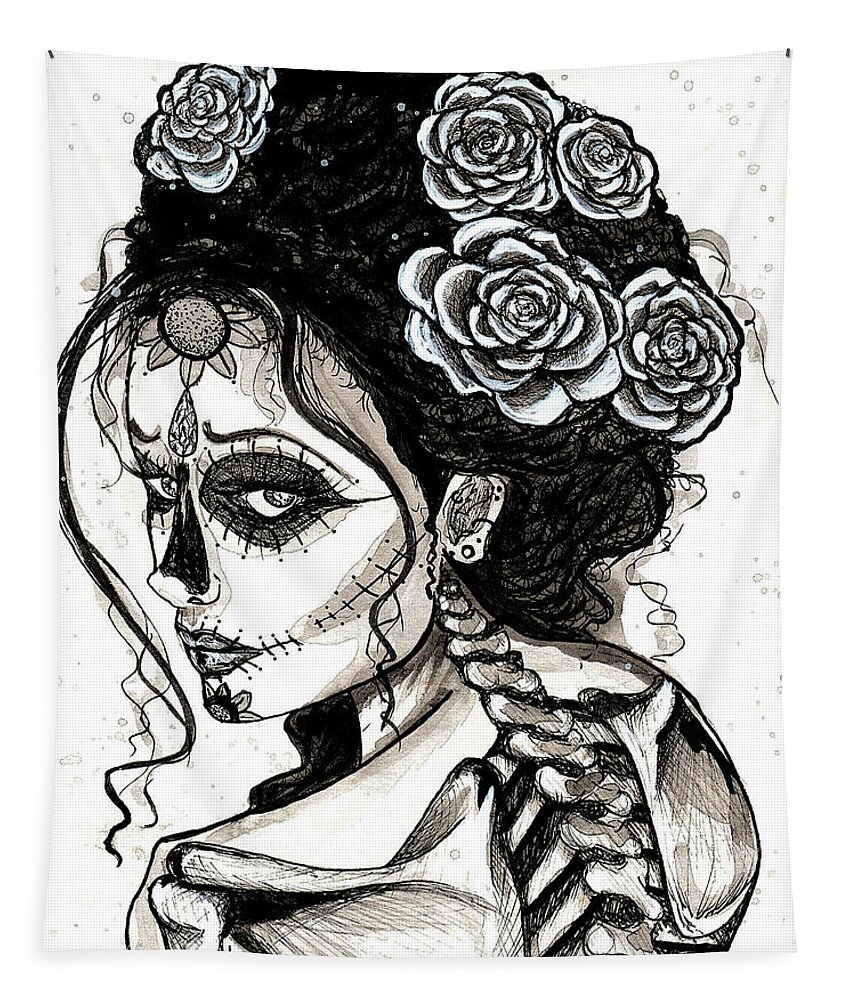 Her Tapestry featuring the mixed media HER Sugar Skull by Kathy Pope