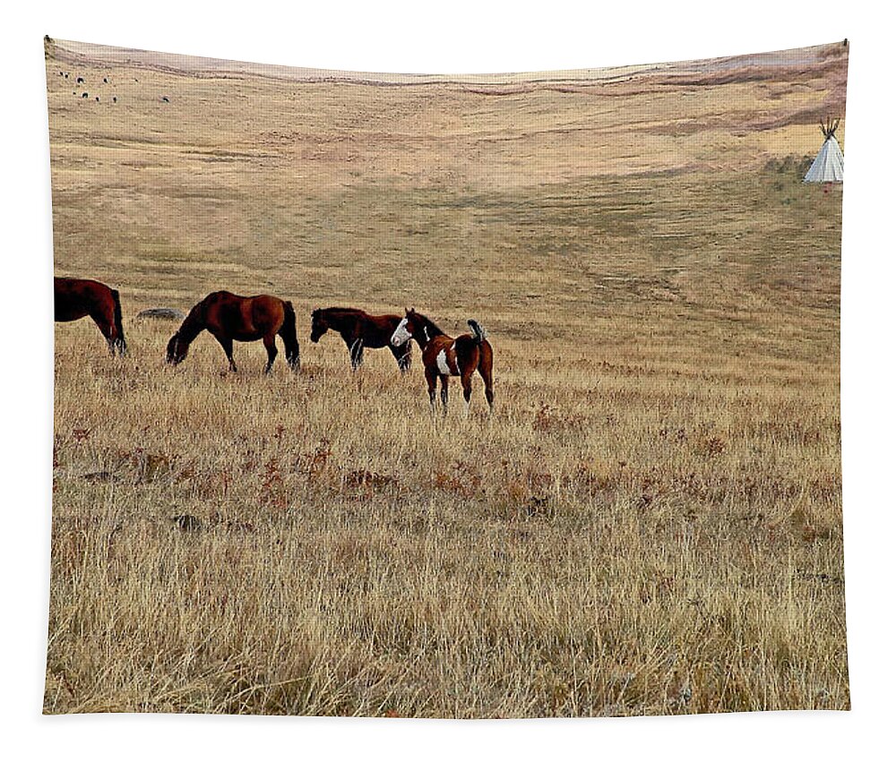 Horses Tapestry featuring the photograph Herd on a Hill with High-Tailed Colt by Tracey Vivar