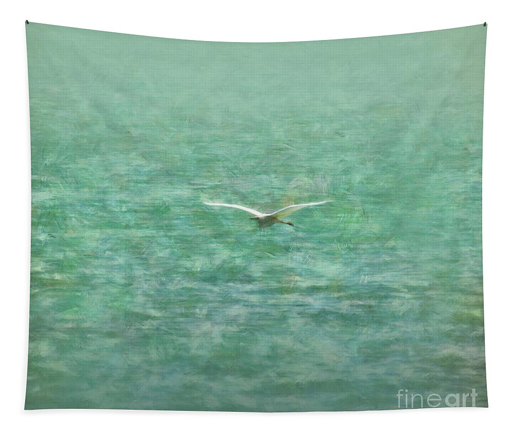 Heron Tapestry featuring the painting Heron over lake by Alexa Szlavics