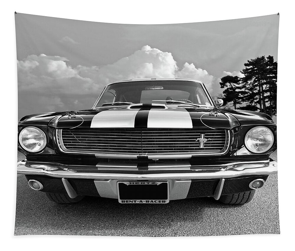 Ford Mustang Tapestry featuring the photograph Hertz Rent a Racer Mustang 1966 Black and White by Gill Billington