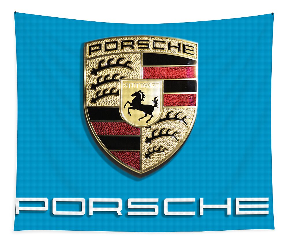 Porsche Logo Tapestry featuring the digital art High Res Quality Porsche Logo - Hood Emblem Isolated on Colorful Background by Stefano Senise