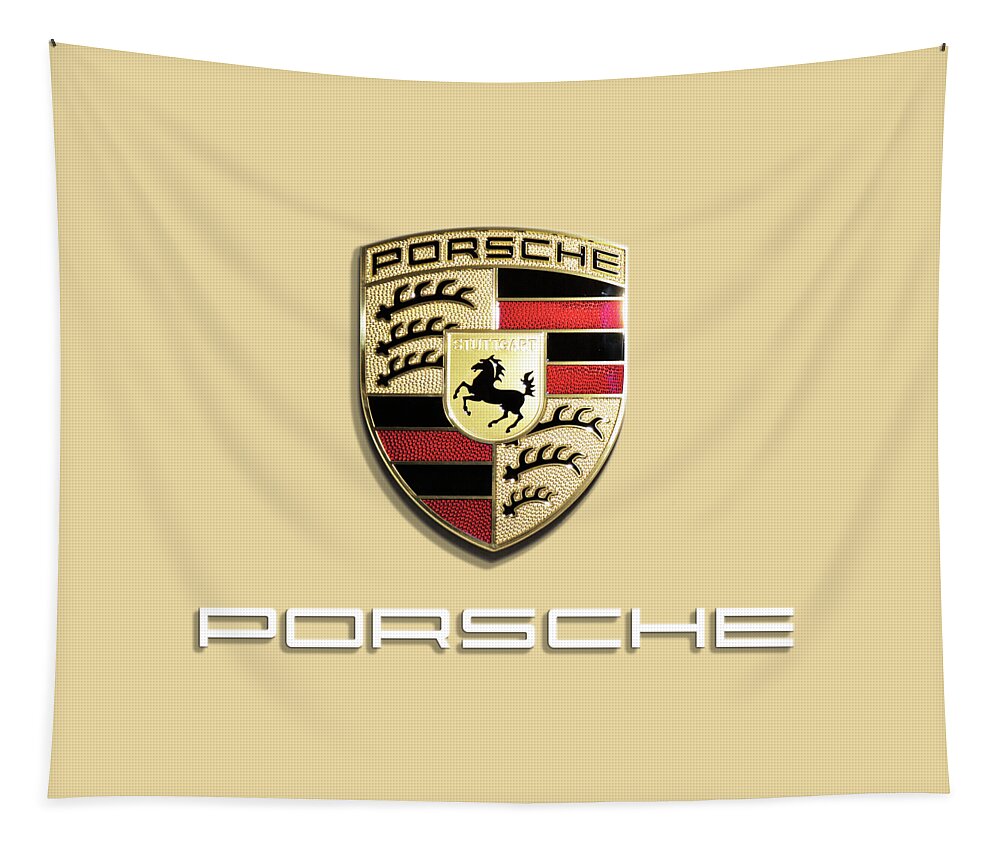 Porsche-logo Tapestry featuring the photograph High Res Quality Porsche Logo - Hood Emblem Isolated on Colorful Red Background by Stefano Senise