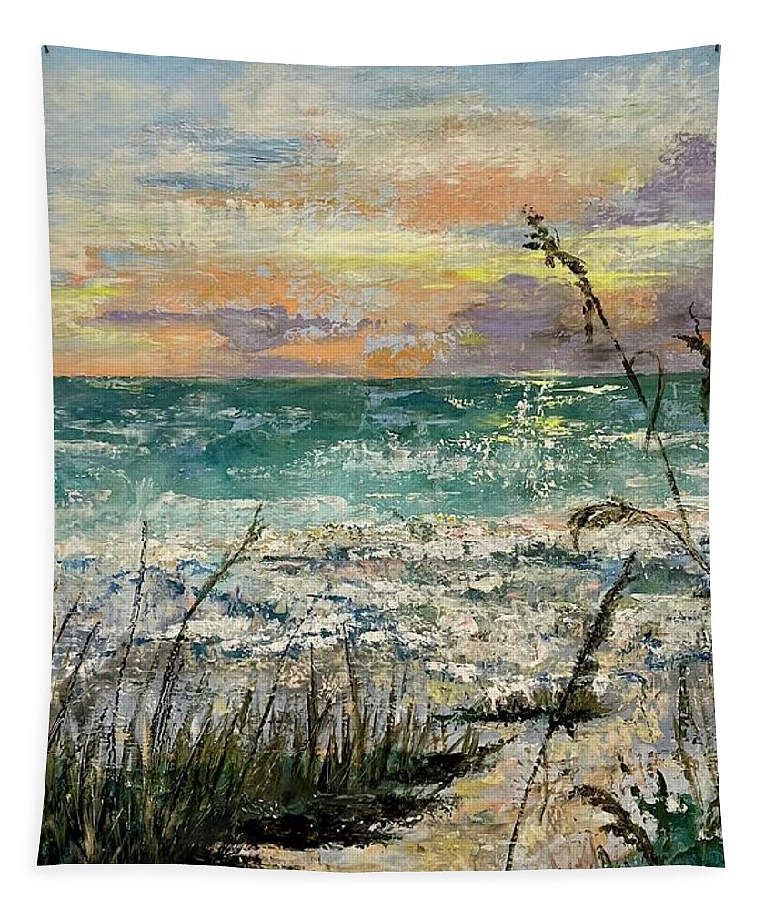Beach Tapestry featuring the painting High Tide Sunrise by Barbara Hammett Glover