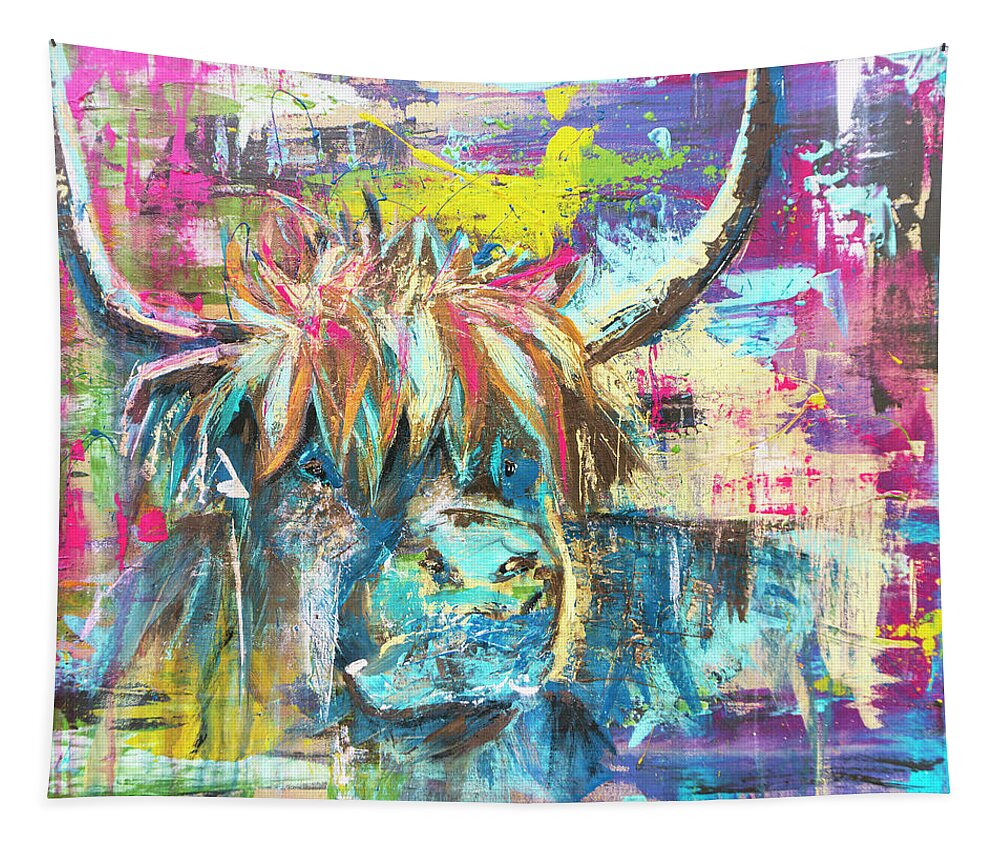Highland Cow Tapestry featuring the painting Highland Cow Bull Pink Blue Abstract Rustic Farmhouse by Joanne Herrmann