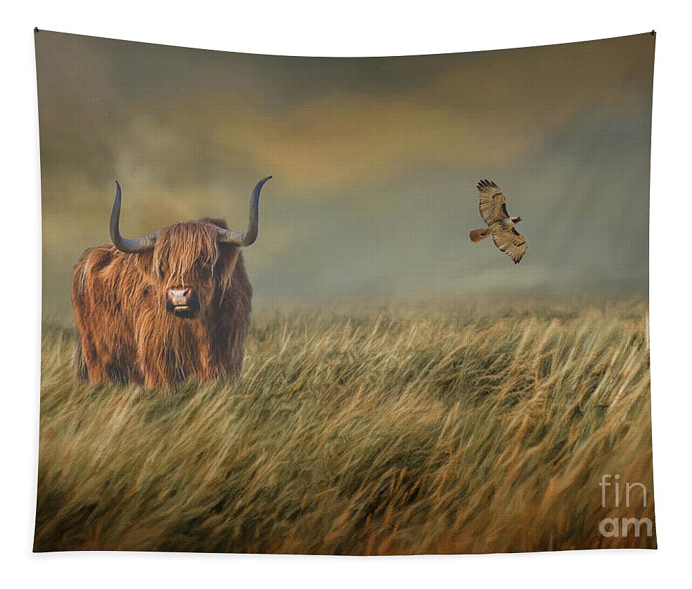 Highland Cow Tapestry featuring the mixed media Highland Cow with Hawk by Kathy Kelly