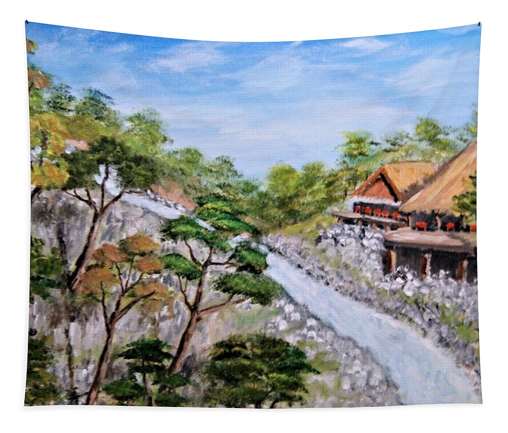 Landscape Tapestry featuring the painting Hillside Restaurant by Gregory Dorosh