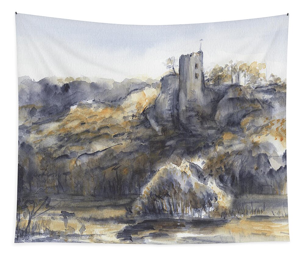 Castle Tapestry featuring the painting Historic castle in the middle of the magic forest by Adriana Mueller
