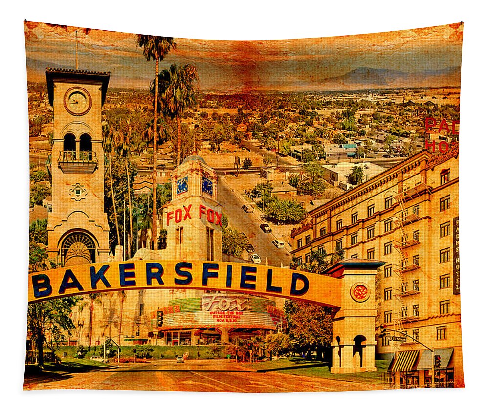Bakersfield Tapestry featuring the digital art Historical buildings of Bakersfield, California, blended on old paper by Nicko Prints