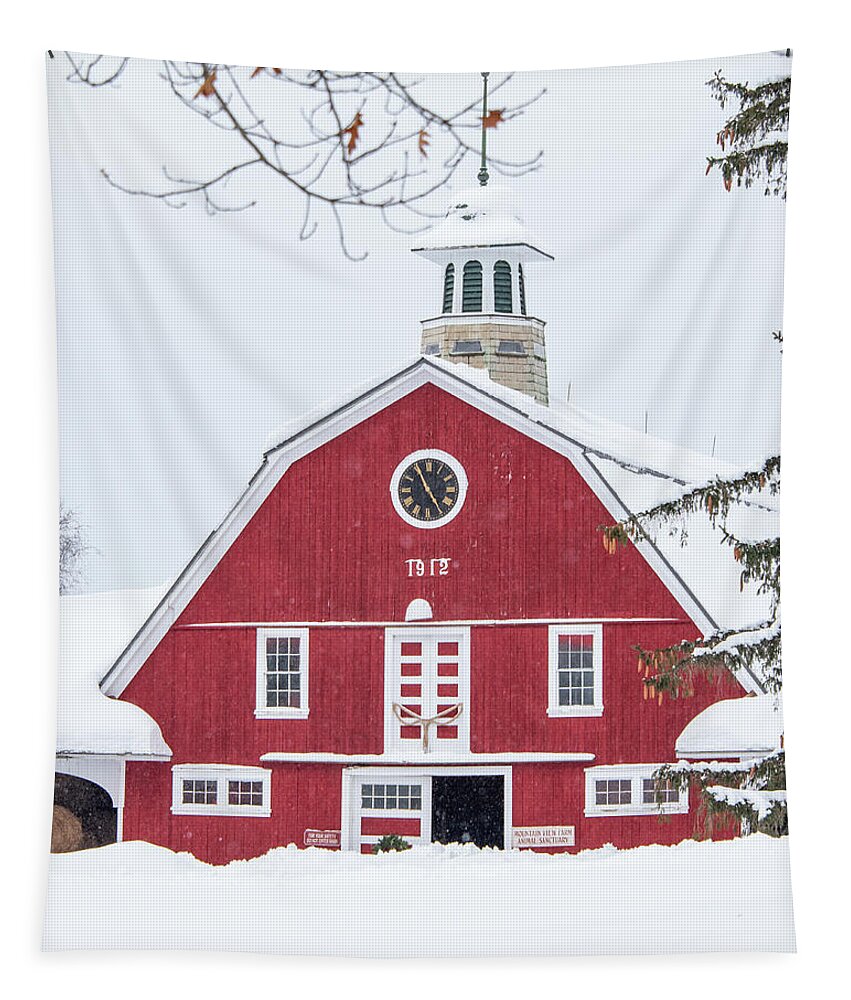 Historical Tapestry featuring the photograph Historical Red Barn in Snow by Sally Cooper