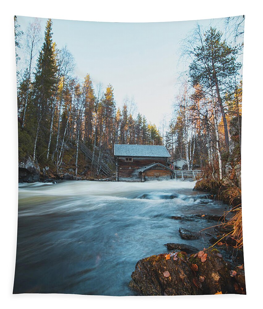 Grist Mill Tapestry featuring the photograph Historical wooden mill in the autumn season by Vaclav Sonnek