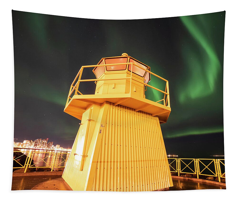 Höfði Tapestry featuring the photograph Hofoi lighthouse Northern Lights on the Reykjavik Waterfront Iceland Streak by Toby McGuire