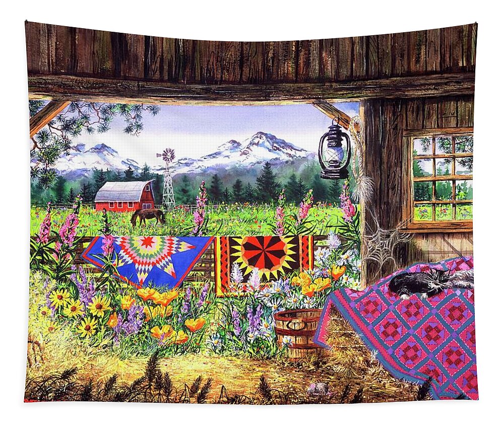 Barn Tapestry featuring the painting Hole in the Barn Door by Diane Phalen
