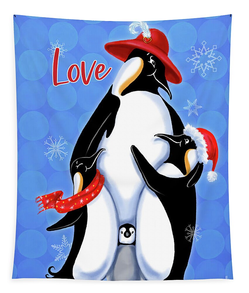 Christmas Tapestry featuring the mixed media Holiday Penguins-Love by Shari Warren