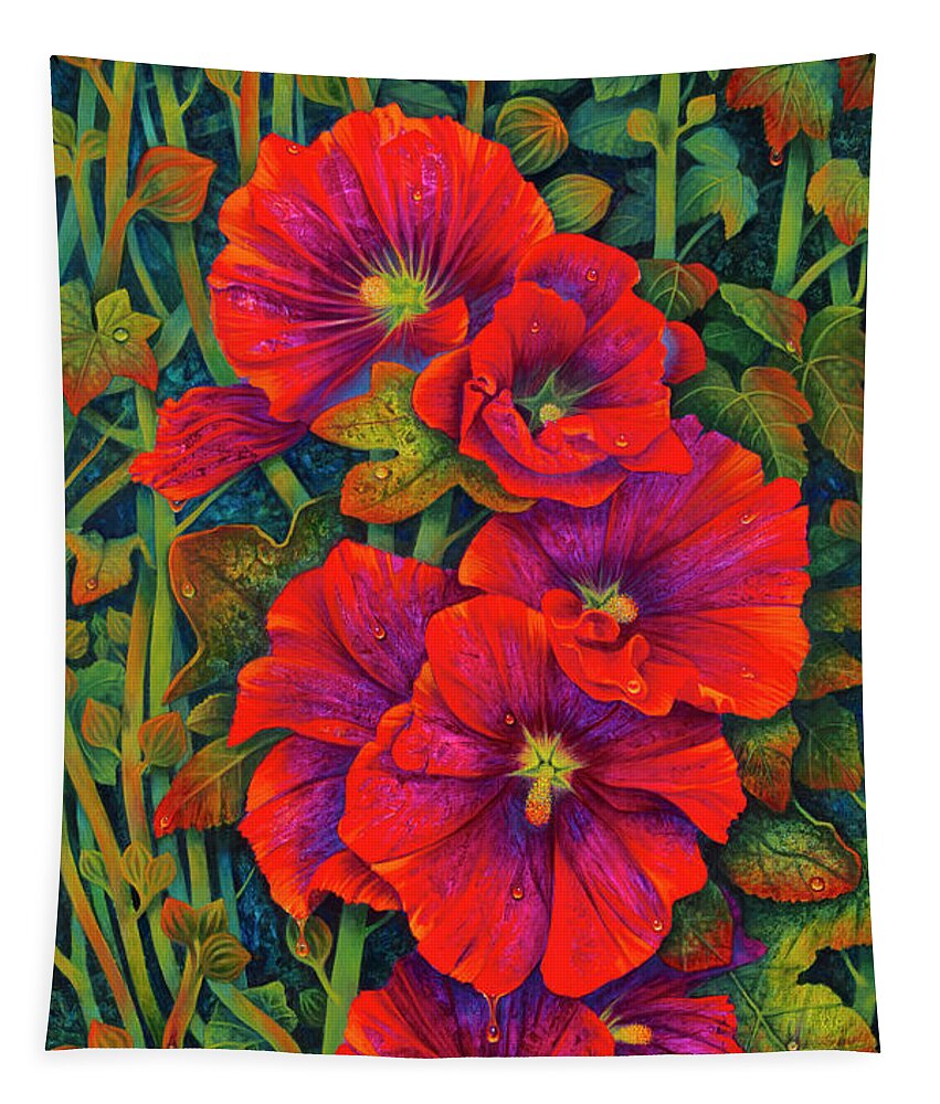 Flowers Tapestry featuring the painting Hollyhocks - 3D by Ricardo Chavez-Mendez