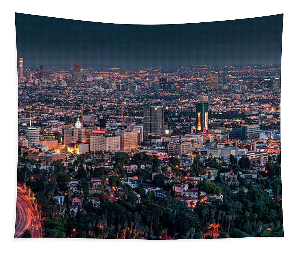 Los Angeles Ca Tapestry featuring the photograph Hollywood Skyline Magic Hour by David Zanzinger