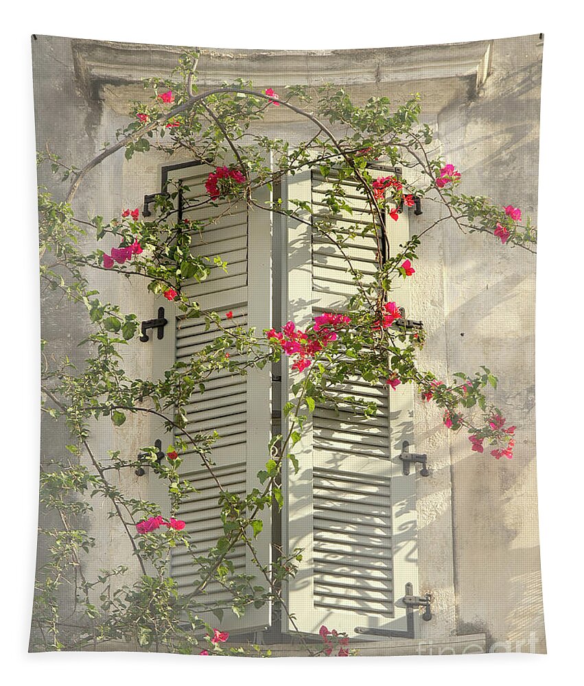 Home Sweet Window Shatters Flowers Soft Delicate Gentle Pleasing Impressionistic Impressions Impressionism Attractive Allure Atmospheric Uplifting Conceptual Charismatic Dreams Growing Flowering Peace Peaceful Tranquil Tranquility Restful Relaxing Relaxation Painterly Artistic Pastel Watercolor Art Old Smart Thought Provoking Thoughtful Haven House Poetic Magical Sunny Day Afternoon Foggy Misty Touching Life-style Half-opened Greece Corfu Greek Inspirational Spiritual Lightness Sun Highlights Tapestry featuring the photograph Home Sweet Home,warm Andtender by Tatiana Bogracheva