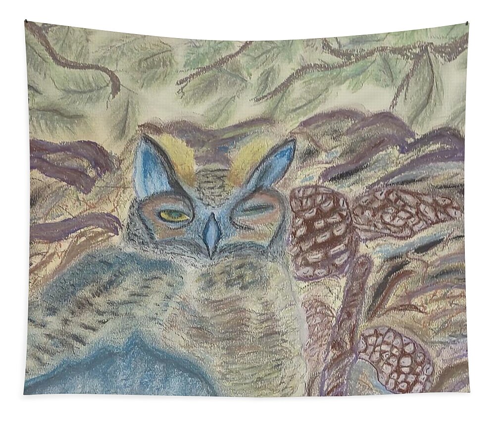 Horned Owl Tapestry featuring the pastel Horned Owl Nesting by Suzanne Berthier