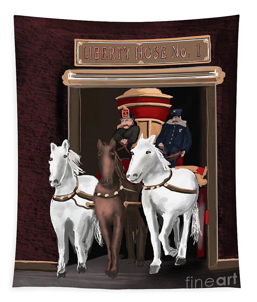 Firehouse Tapestry featuring the digital art Horse Drawn Steam Engine by Doug Gist