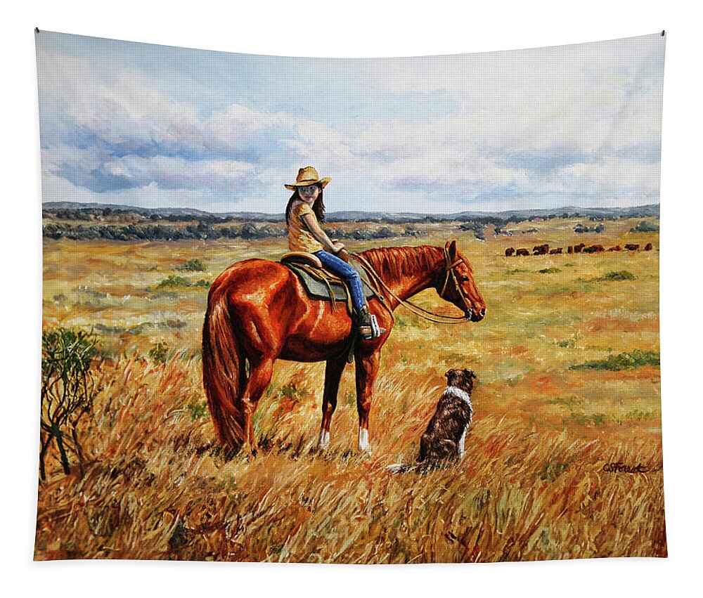 Western Tapestry featuring the painting Horse Painting - Waiting for Dad by Crista Forest