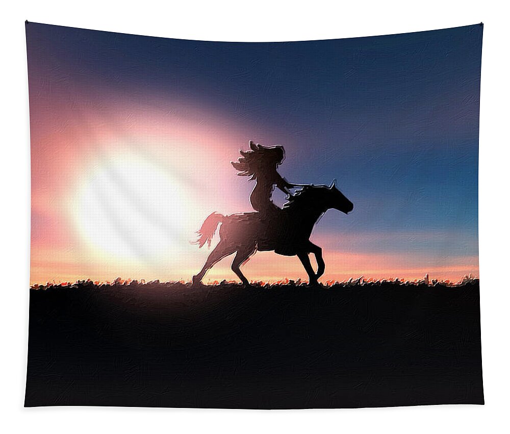 Horse Tapestry featuring the painting Horse Rider Sunset The West by Tony Rubino