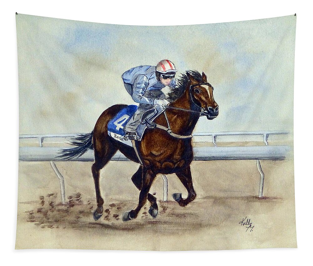 Horse Racing Tapestry featuring the painting Horserace by Kelly Mills