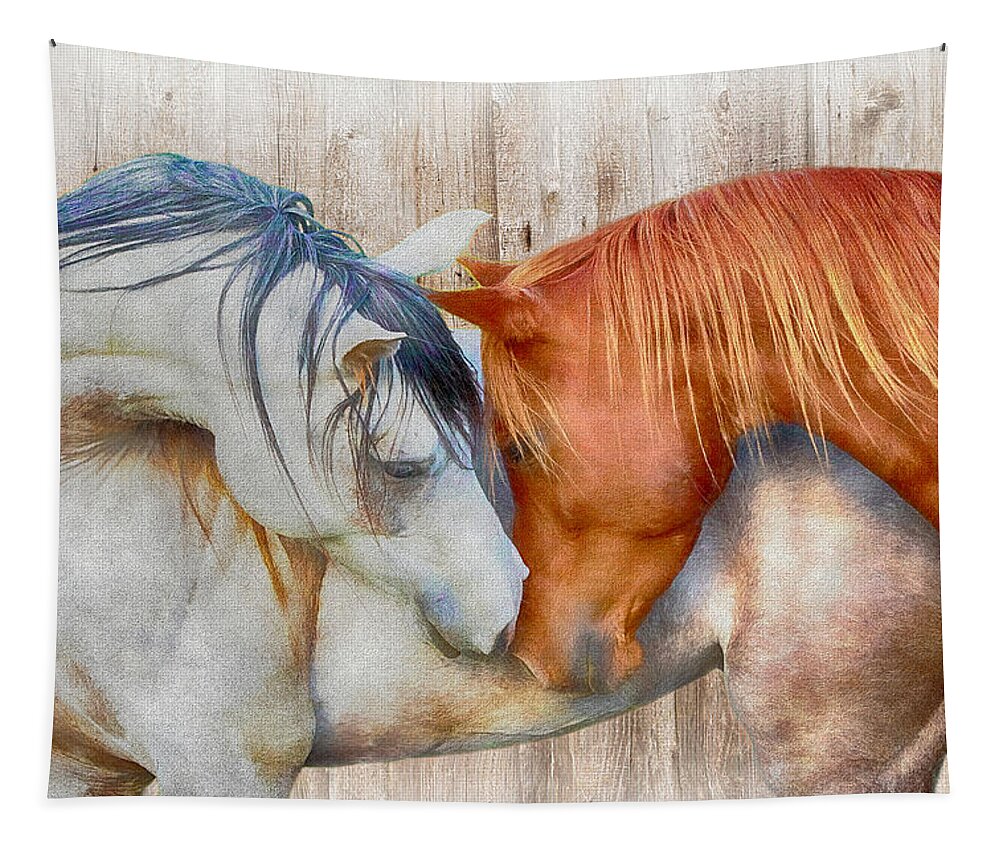 Nuzzling Horses Tapestry featuring the digital art Horses Nuzzling Soft Colors by Steve Ladner