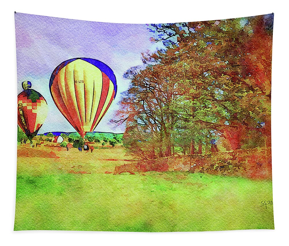 Hot Air Balloons Tapestry featuring the digital art Hot Air Balloons in the English Countryside Watercolor Painting by Shelli Fitzpatrick