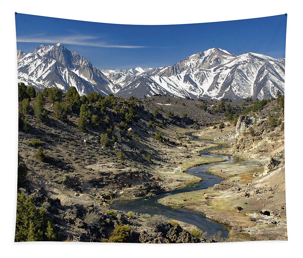 Hot Creek Tapestry featuring the photograph Hot Creek and Snow Peaked Sherwin Range by Bonnie Colgan