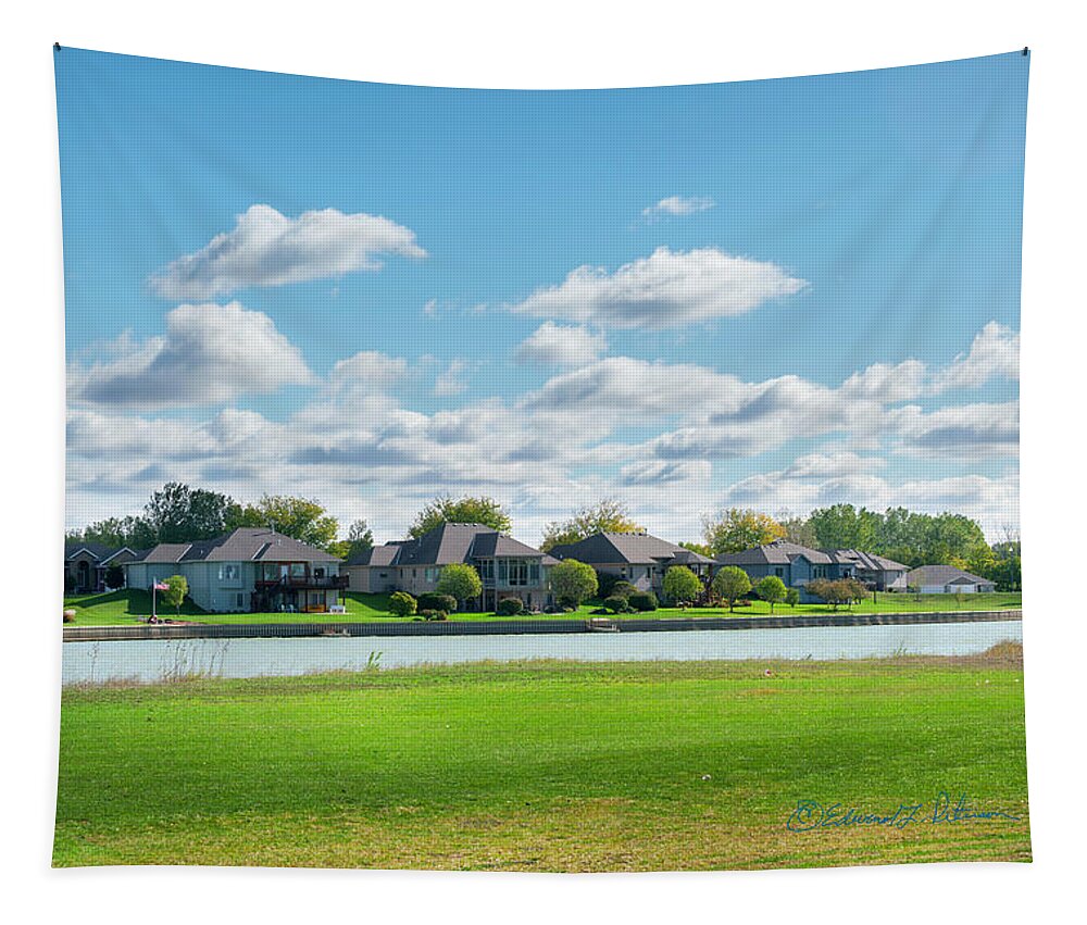 Clouds Tapestry featuring the photograph House And Lake Lined Fairway by Ed Peterson
