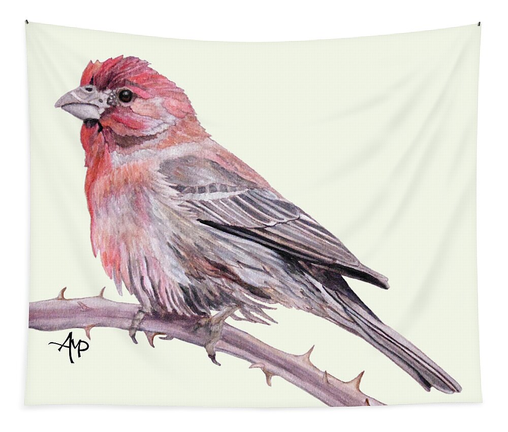 Finch Tapestry featuring the painting House Finch Watercolor by Angeles M Pomata