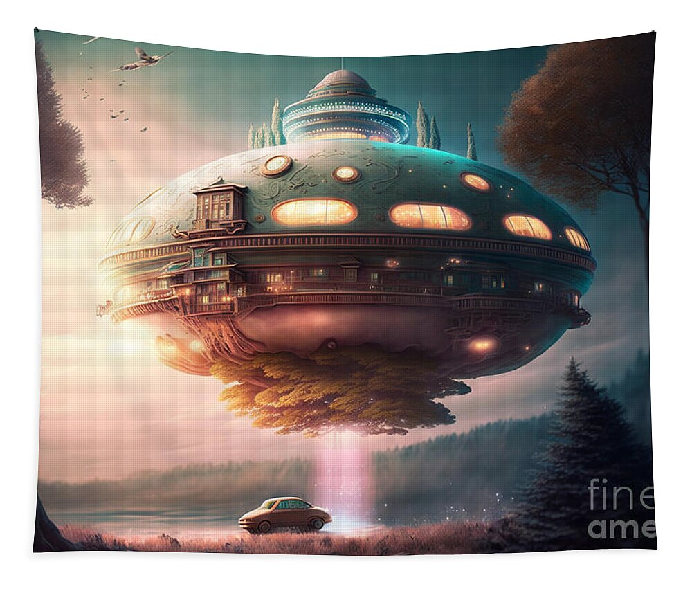 Hovering Ufo Tapestry featuring the mixed media Hovering UFO XII by Jay Schankman