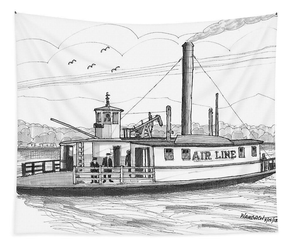 Airline Ferry Boat Tapestry featuring the drawing Hudson River Steam Ferry Boat Airline by Richard Wambach