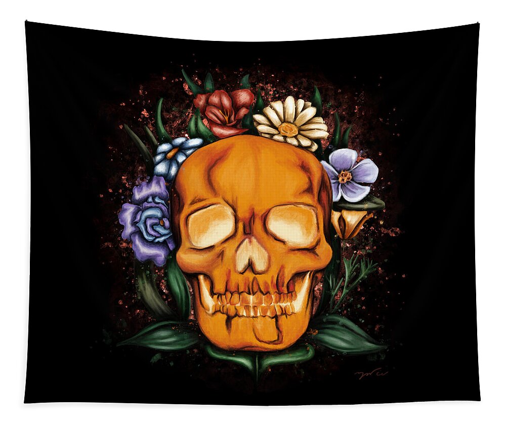Human Skull Tapestry featuring the painting Human skull painting, Skull and flowers by Nadia CHEVREL