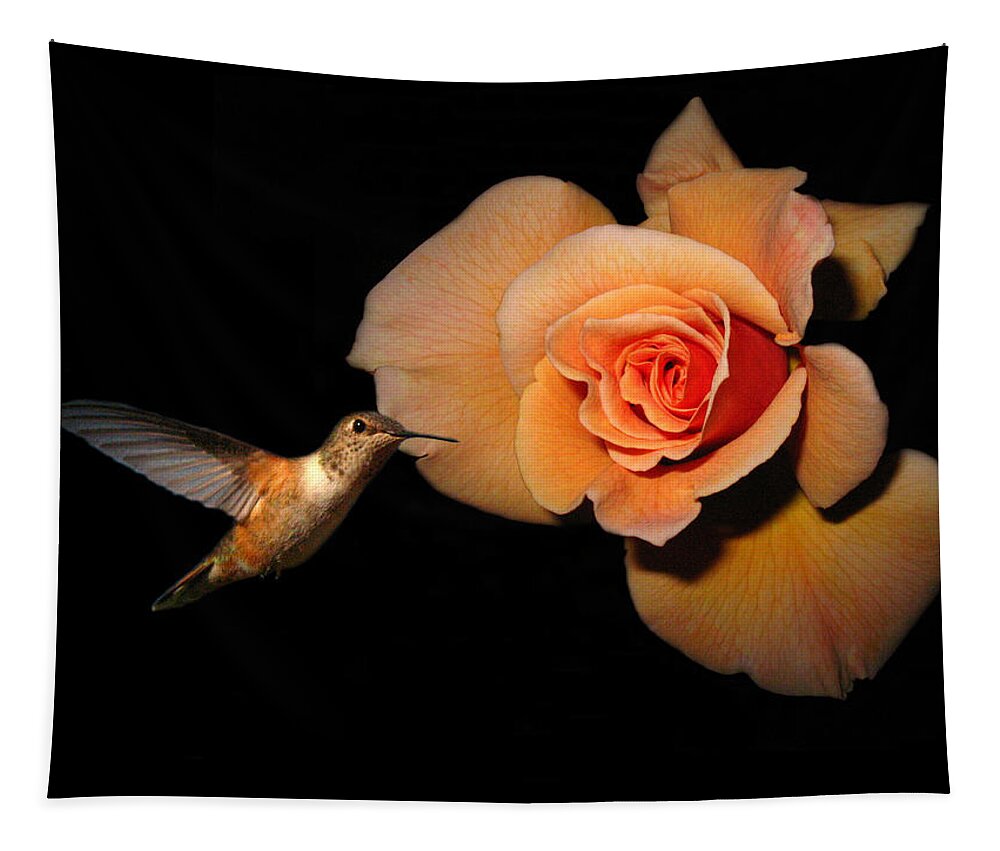 Bird Tapestry featuring the photograph Hummingbird and Orange Rose by Joyce Dickens