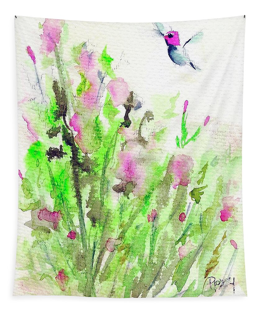 Hummingbird Tapestry featuring the painting Hummingbird in the Red Salvia by Roxy Rich