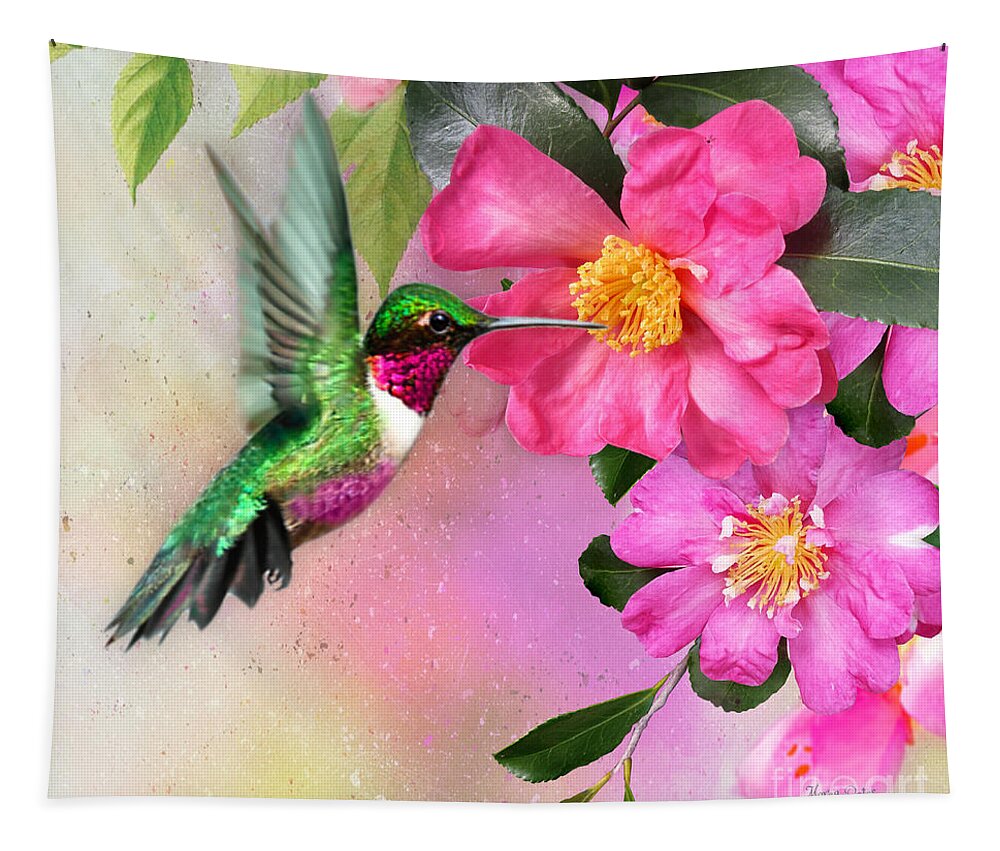 Hummingbird On Flower Tapestry featuring the mixed media Hummingbird on Pink Hibiscus by Morag Bates