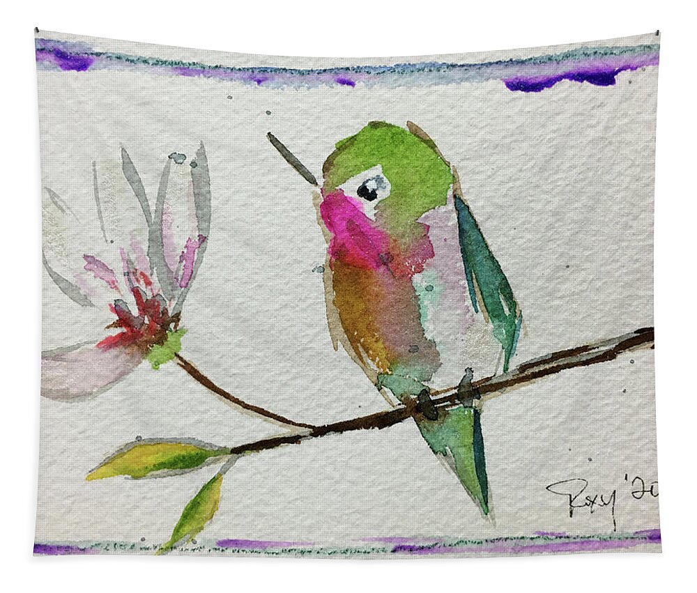 Grand Tit Tapestry featuring the painting Hummingbird with Magnolia Blossom by Roxy Rich