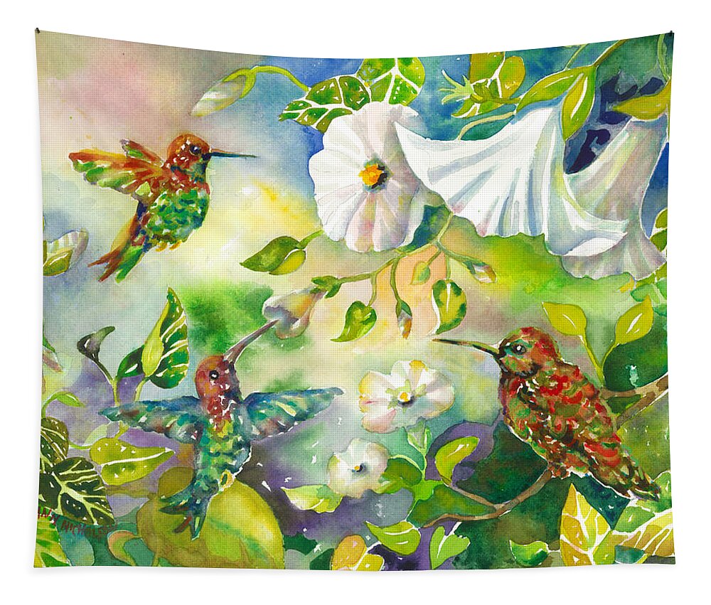Hummingbirds Tapestry featuring the painting Hummingbirds and Morning Glories by Ann Nicholson