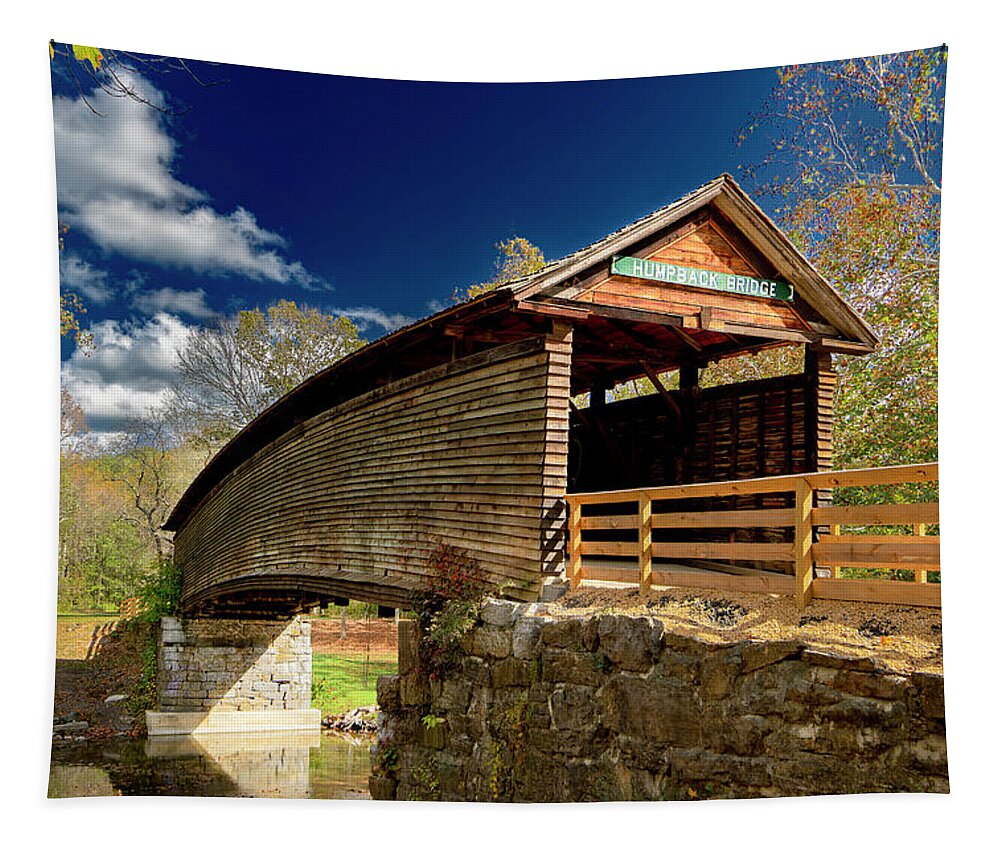 Humpback Bridge Tapestry featuring the photograph Humpback Covered Bridge in Autumn Colors by Norma Brandsberg