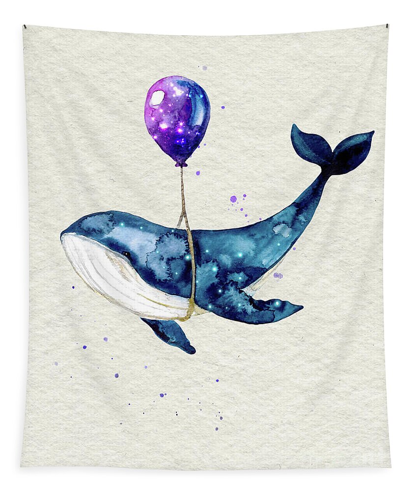 Humpback Whale Tapestry featuring the painting Humpback Whale With Purple Balloon Watercolor Painting by Garden Of Delights