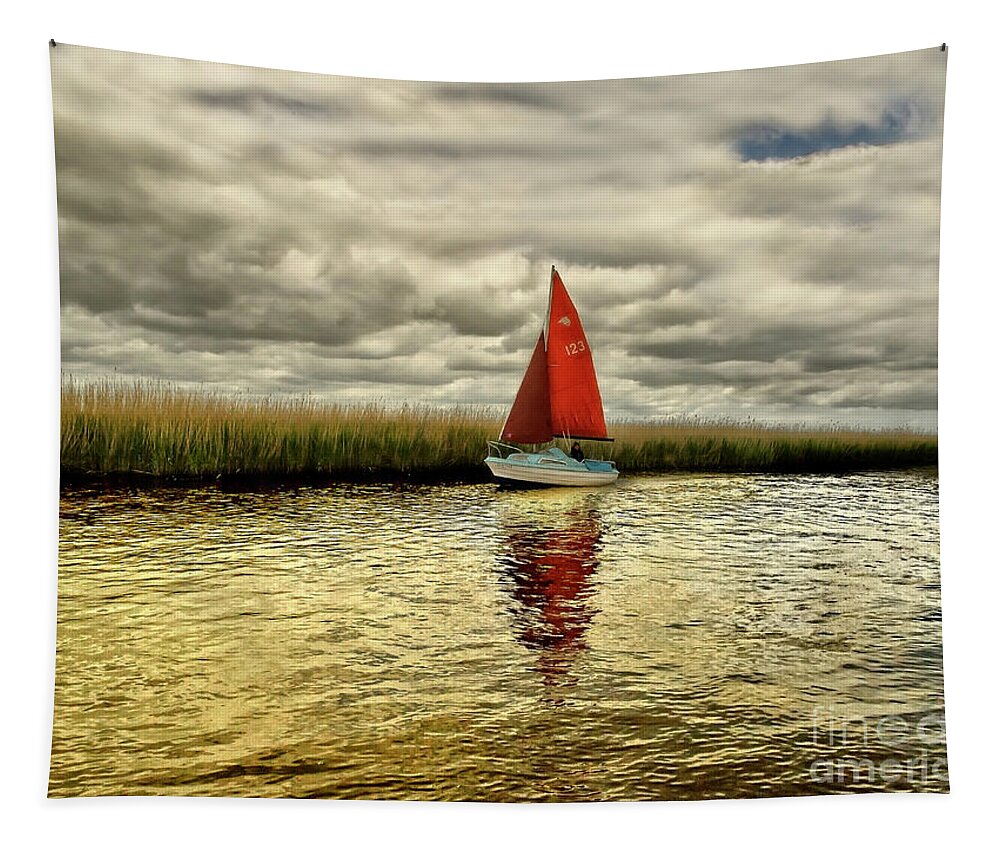 Red Blue Gold Yellow Sail Water Sailor Sailing Calm Beautiful Lake River Reeds Happy Joy Joyful Solo Single Alone Relaxing Romantic Atmospheric Solitude Clouds Colorful Color Boat Reflections Serene Solitary Tranquil Tranquillity Elements Vibrant Timeless Still Calmness Peaceful Breathtaking Mind-blowing Nature Bright Vivid Golden Patterns Surf Way Charming Relaxation Painterly Magical Sunset Dawn Delightful Serenity Cheerful Jolly Awesome Allure Seascape Simplicity Minimalism Loneliness Poetic Tapestry featuring the photograph Hundred shades of GOLD - RED SAIL IN GOLD WATERS by Tatiana Bogracheva