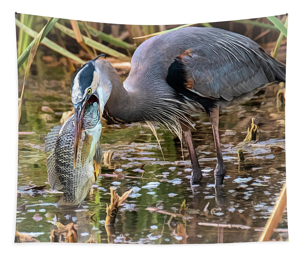Great Blue Heron Tapestry featuring the photograph Hungry Heron by Jaki Miller