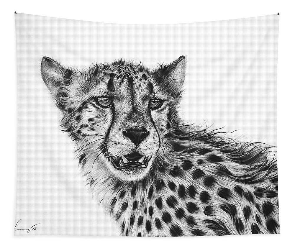 Cheetah Tapestry featuring the drawing Hunters gaze - Cheetah by Elena Kolotusha